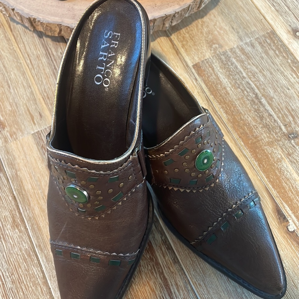 FRANCO SARTO western emerald leather slides, so much fun! Size 6.5 - Picture 2 of 6